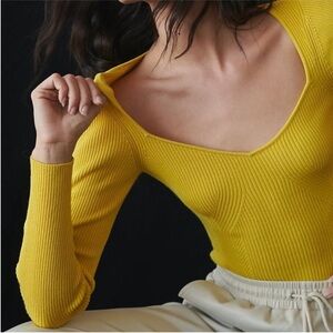 Anthropologie Citron Yellow Sweetheart Neckline Knit Long Sleeve Sweater size L
